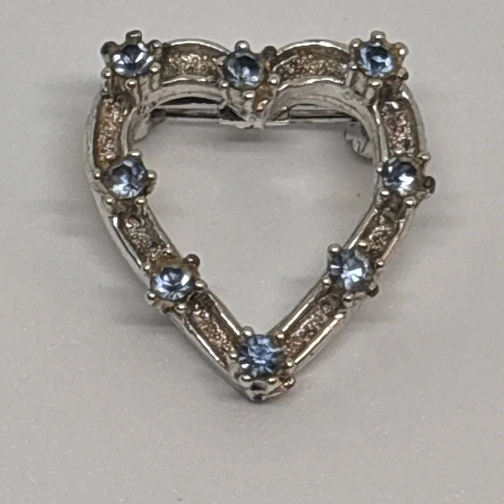 Vintage Heart Brooch Silver Tone Blue Rhinestone Open Heart Pin Jewelry